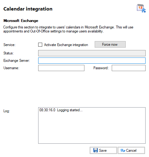 Calendar Integration window